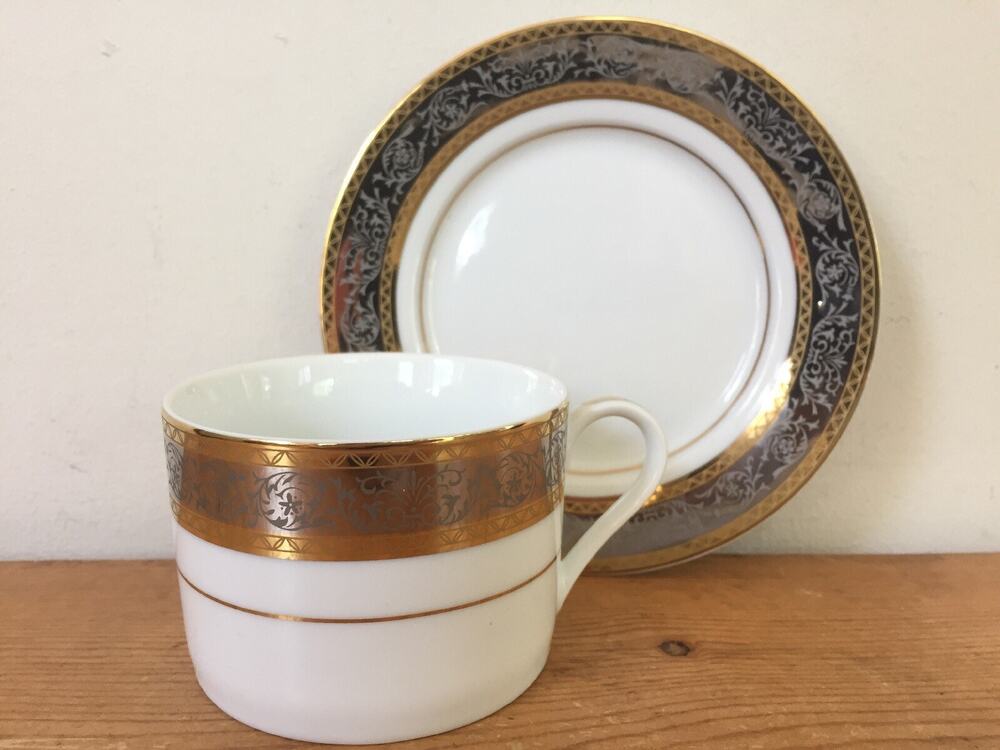 Global International Stafford Porcelain 0404 Gold Silver Tea Coffee Cup Saucer